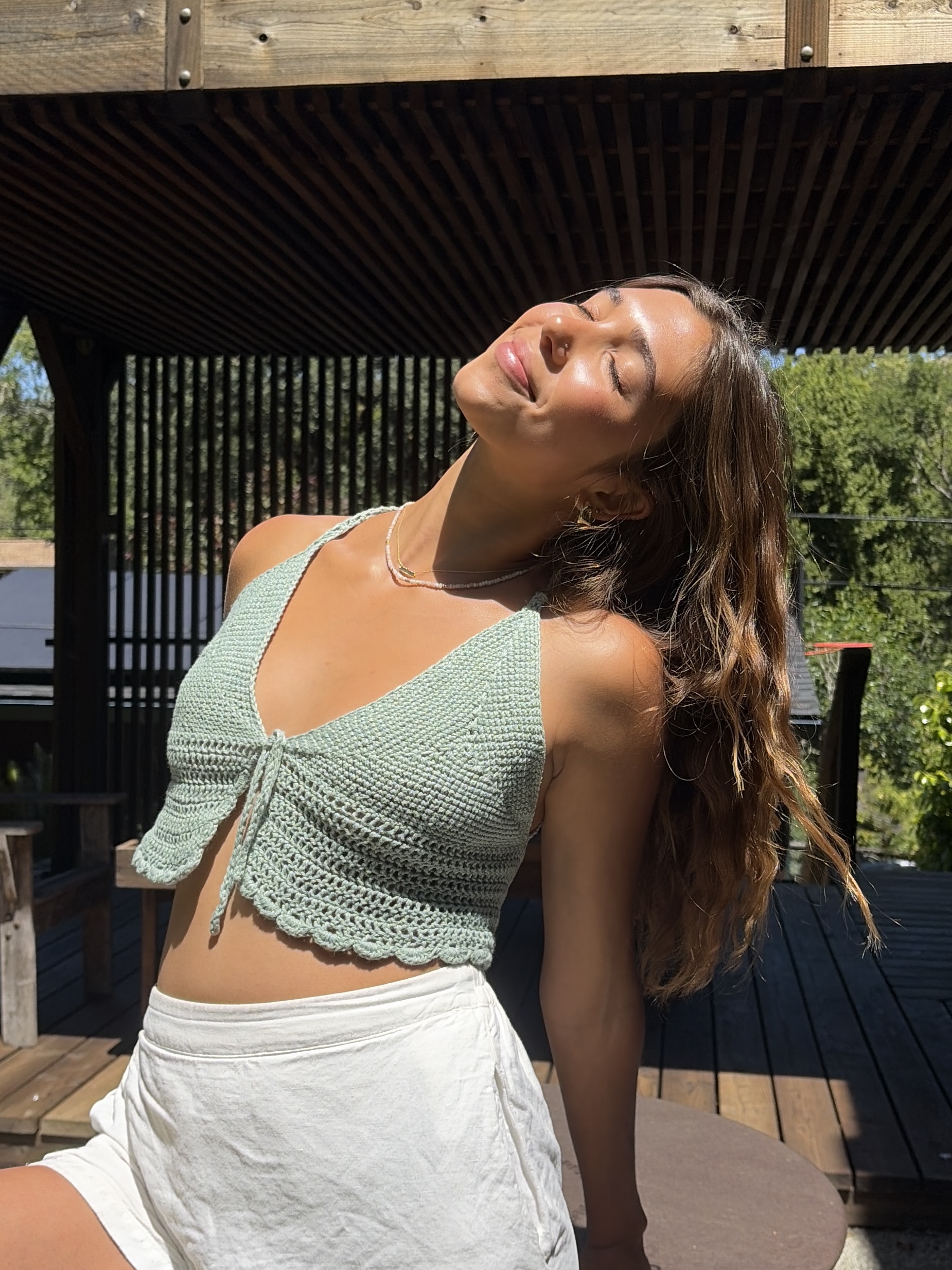 The Sage Halter - sage crochet tie-front top with cross-back straps